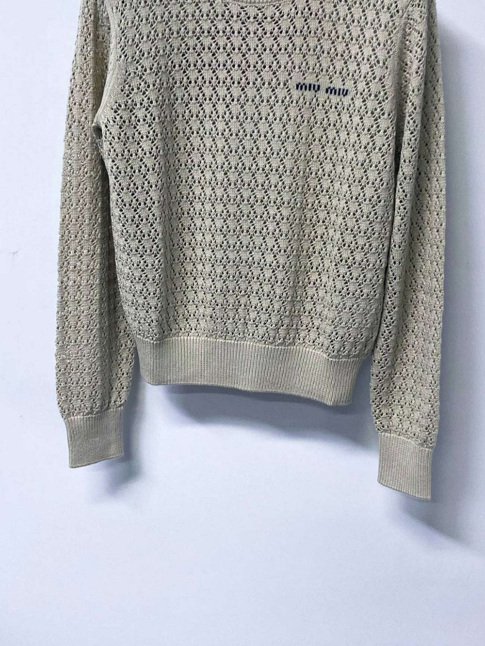Miu Miu Cream Crochet Hollow Knit Round Neck Designer Sweater - Picture 3 of 5
